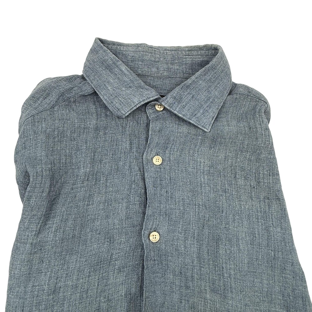 Saks Fifth Avenue Shirt Mens Medium Blue 100% Linen Long Sleeve Button Front